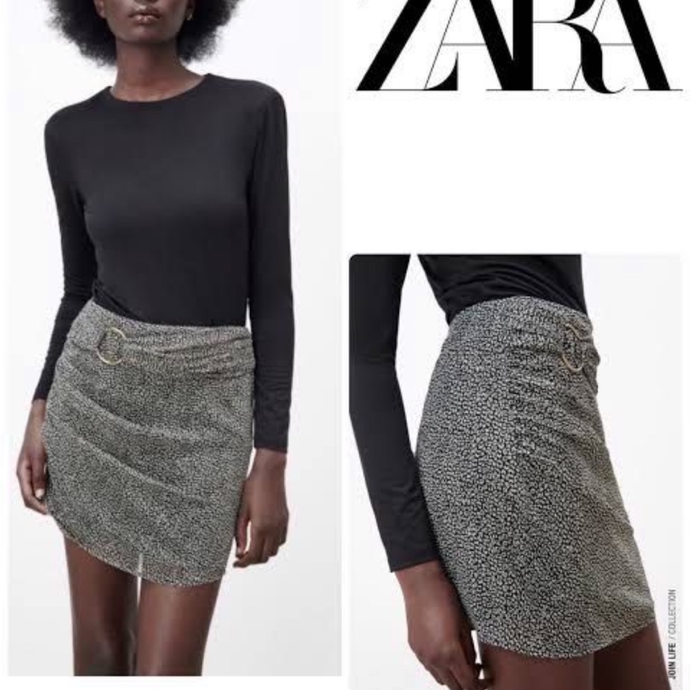 Zara Black/White Animal Print W/Gold Stripes Mini Skirt Embellished WBelt Scarf